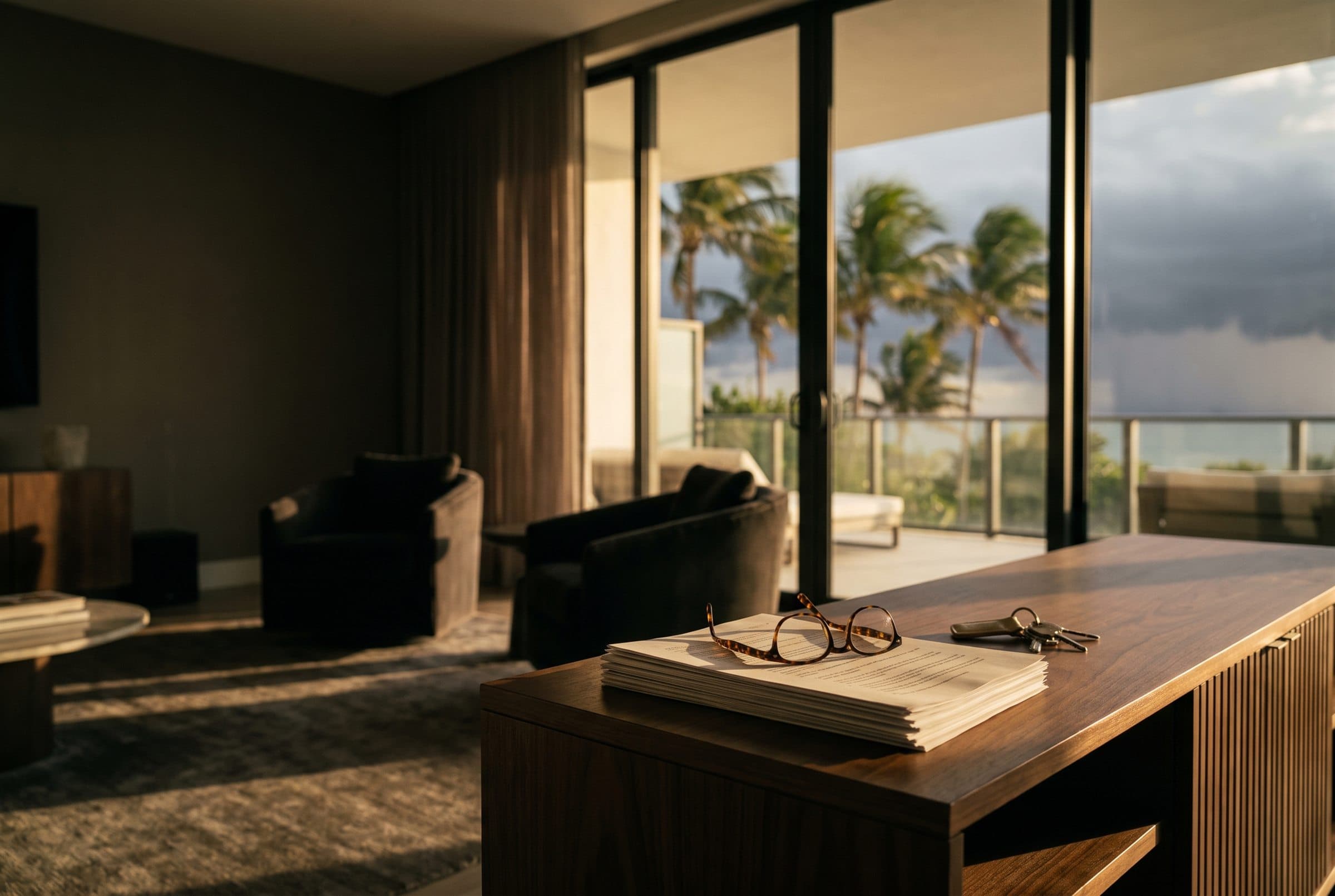 Insurance policy documents, reading glasses and house keys on a walnut table in a Florida coastal vacation rental, with palms bending under a gathering storm beyond the glass doors — Emperor Rentals