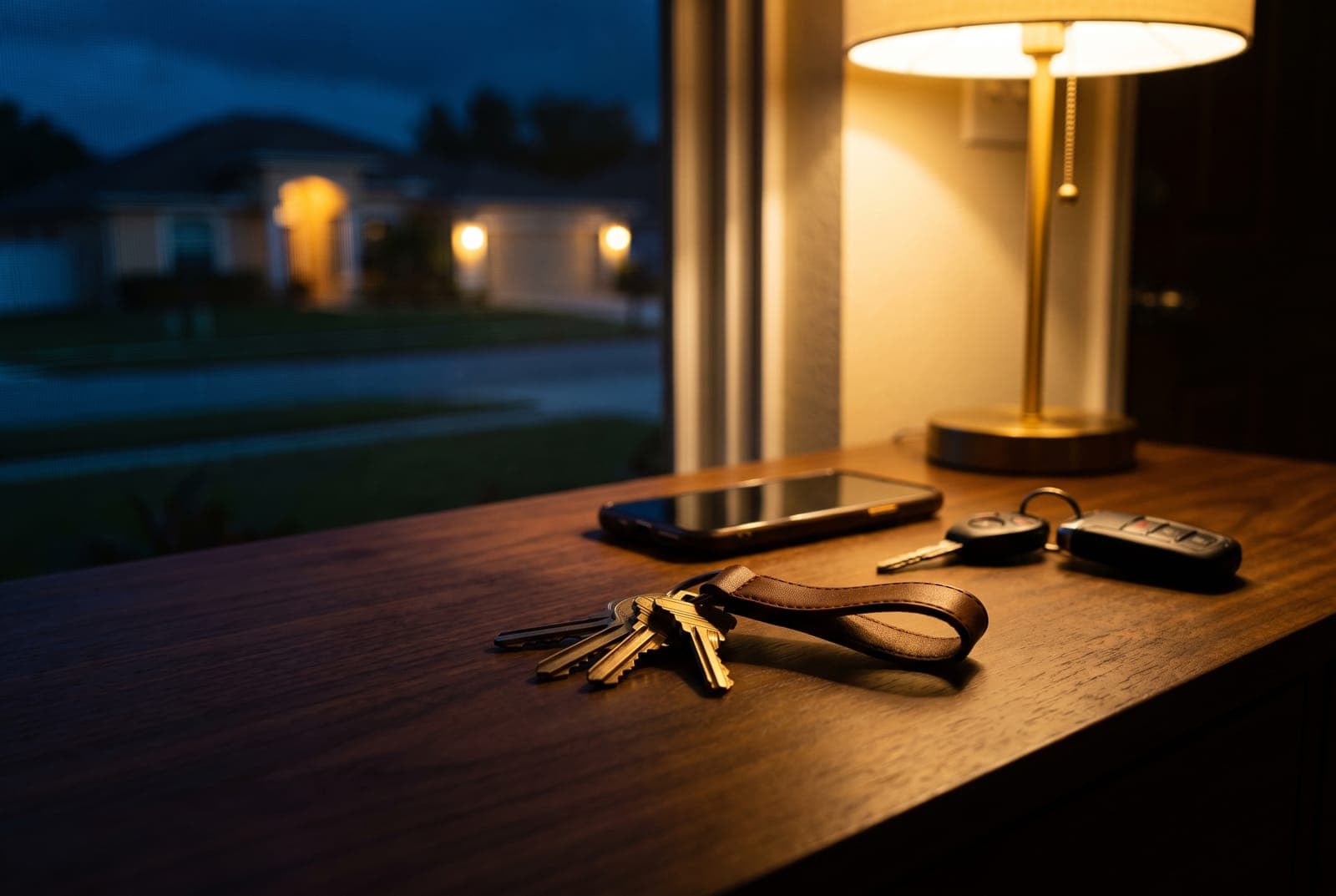 House keys on a leather fob, a phone lying face down and a set of car keys on a walnut console under a single warm lamp at night, with a quiet lit Florida neighborhood visible through the window beyond — the 24/7 one-hour responsible party rule in Hillsborough County's short-term rental ordinance, Emperor Rentals