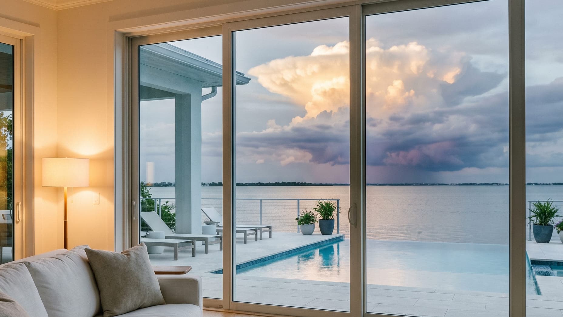 Calm luxury coastal living room in a Tampa Bay vacation rental at dusk, sliding glass doors open to an infinity pool with a distant thunderstorm building over the water — Emperor Rentals 2026 hurricane season peak update