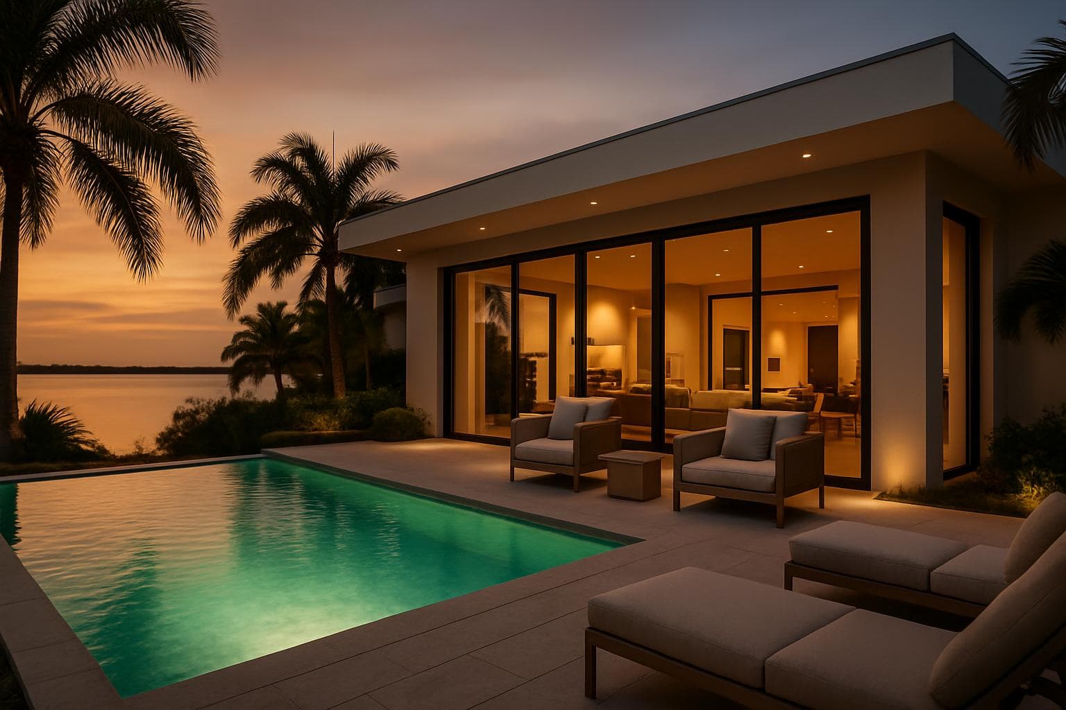 Modern luxury Tampa Bay vacation rental at dusk with a glowing infinity pool, palm trees, and waterfront views — Emperor Rentals