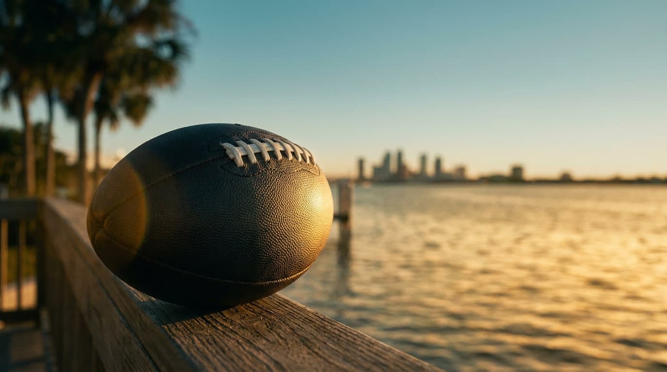 American football resting on a weathered wooden dock rail at golden hour, with the waters of Tampa Bay, palm trees and the blurred Tampa skyline behind it — 2026 football season vacation rental strategy, Emperor Rentals