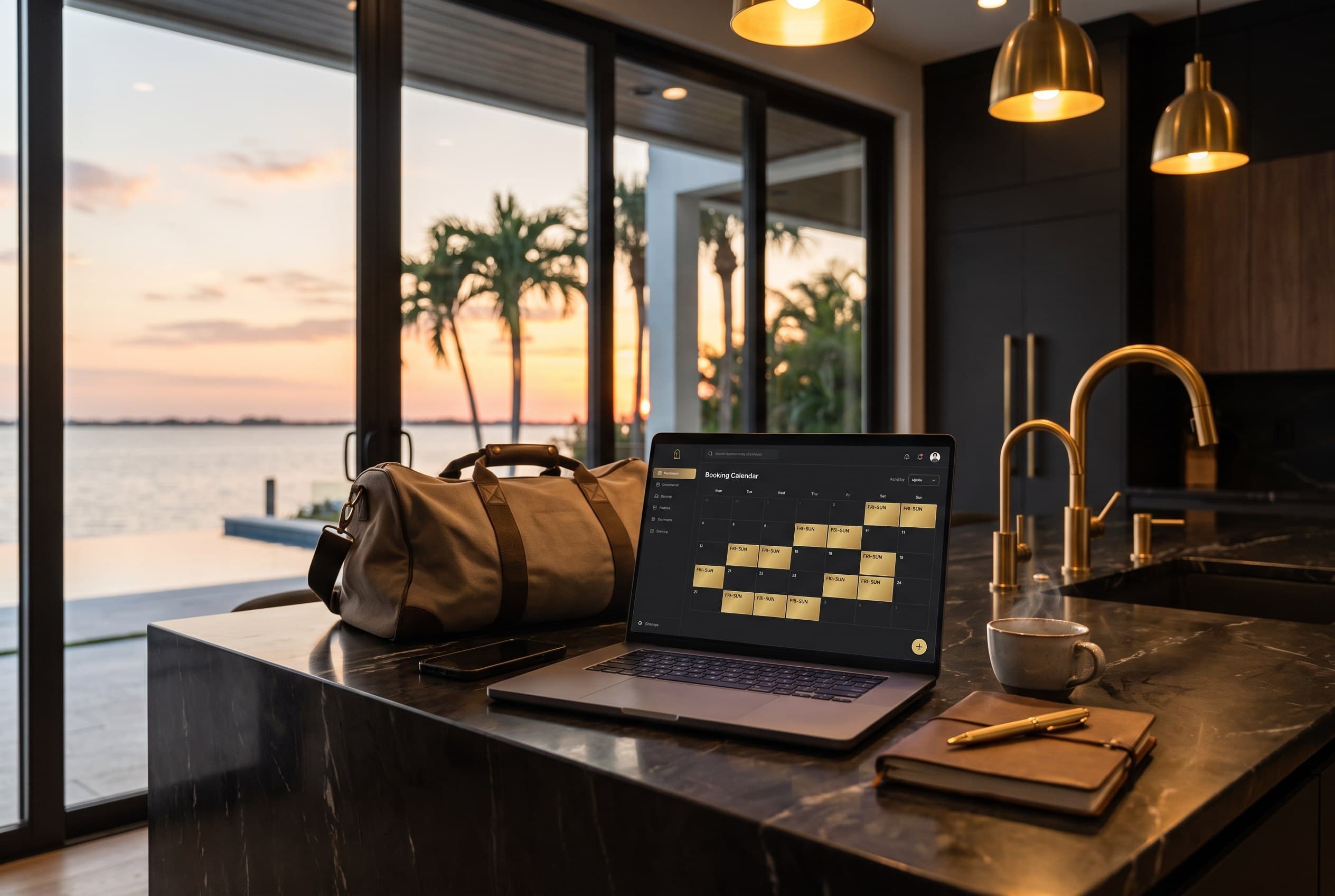 Vacation rental booking calendar on a laptop at sunset — the short-stay shift in Tampa Bay vacation rentals, Emperor Rentals